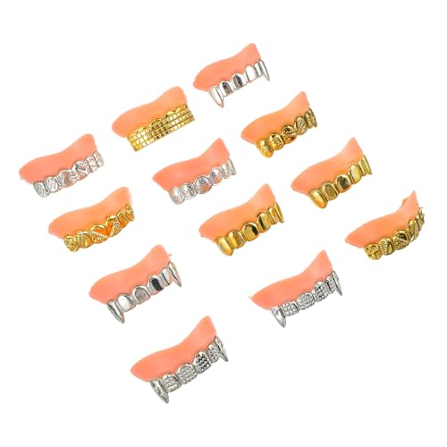 SOPOTUTU 12 Stück Teiliges Halloween Party Fake Zähne Horror Buckteeth Kostüm Zubehör Realistische Gold Silber Farbmix Künstliche Zähne für Cosplay Verkleidung Mottoparty von SOPOTUTU