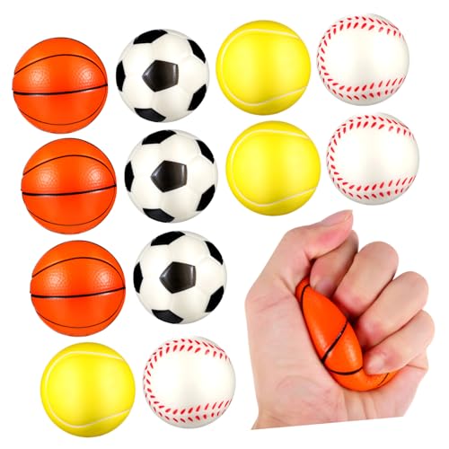 SOPOTUTU 12 Stück Teiliges PU Stressbälle zum Quetschen Designs mit Fußball Basketball Tennis und Baseball Weiche Anti Stress Spielzeuge für Erwachsene und Flexible Entspannungsspielzeuge von SOPOTUTU
