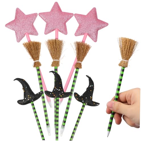 SOPOTUTU 18 . Teiliges Partyset Kugelschreiber mit Hexenhut Besen und Stern für Halloween Valentinstag Bunte Schreibstifte mit Plüschkugel Topper Kindergeburtstag Partygeschenkfüllung von SOPOTUTU
