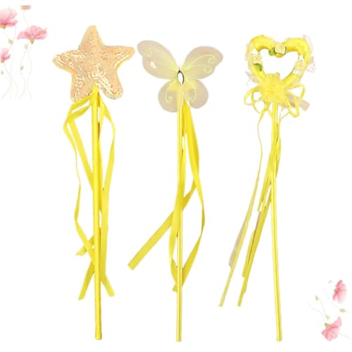 SOPOTUTU 3 Stück Teiliges Feenstäbe Gelb mit Herz Stern und Schmetterling Partyzauberstab für Mädchen Sichere Partystäbe für Geburtstag Cosplay und Themenfeiern von SOPOTUTU