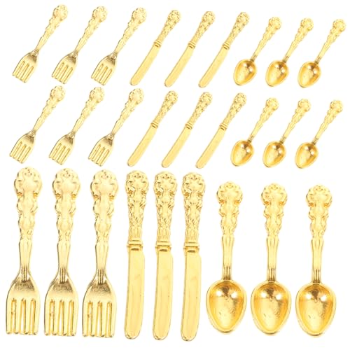 SOPOTUTU 36 Stück Teiliges Miniatur Besteck Set Goldfarben Puppenhaus Zubehör Miniature Küchen und Tischgeschirr Modell für DIY Dollhouse Dekoration Stabile Glatte Oberfläche von SOPOTUTU