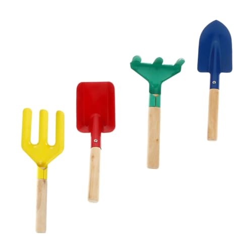 SOPOTUTU 4 Stück Gartenwerkzeug mit Robustem Holzgriff Schaufel Harke Gabel Sichere Gartenspielzeuge für Jungen und Mädchen für Pflanzen und Strandspiel Farblich Sortiert Zufällige Farbe von SOPOTUTU