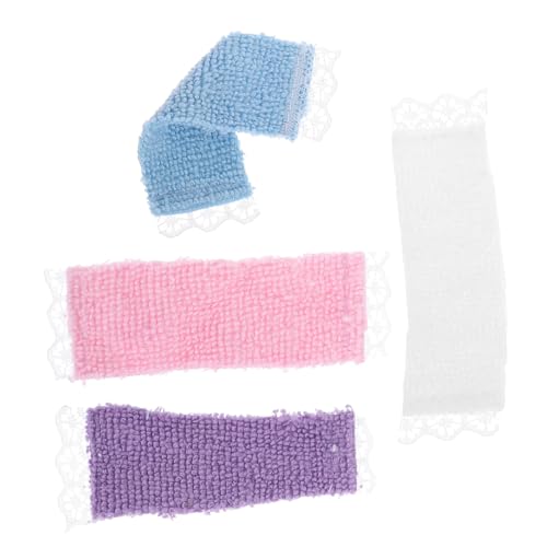 SOPOTUTU 4 Stück Maßstab mit Spitze Weiche Stoffhandtücher in Weiß Flieder Blau Rosa Realistische Badezimmer Accessoires für Puppenmöbel von SOPOTUTU