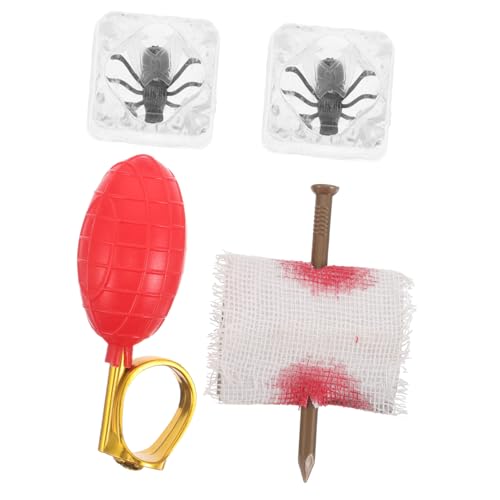 SOPOTUTU 4 Stück Teiliges Halloween Streichspielzeug Set mit Wassersprüh Ring Falschem Fingernagel Realistischen Eiswürfeln mit Insekten für April Fools Day und Partys von SOPOTUTU