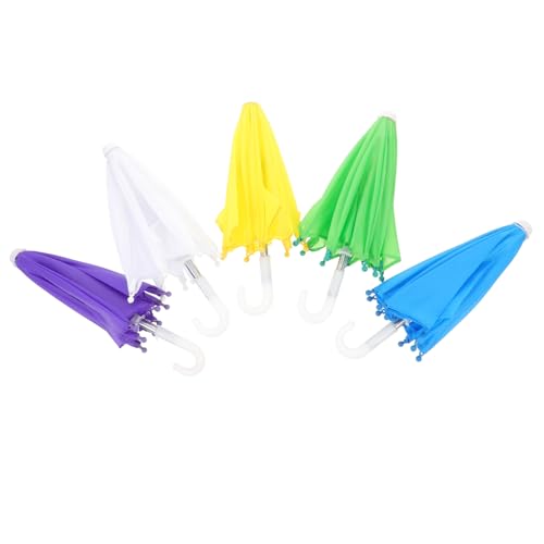 SOPOTUTU 5 Stück Teiliges Miniatur Spielzeugschirm Farbige Mini Dekoration für Puppenhaus Lebensnahe Mini Regenschirme in Gelb Blau Grün Violett Weiß für Puppenhaus von SOPOTUTU