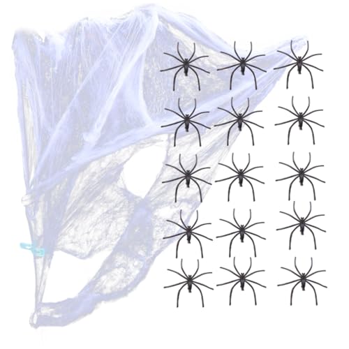 SOPOTUTU Halloween Deko Spinnennetz mit Täuschend Echten Spinnen Dehnbares Wiederverwendbares Spinnennetz für Halloween Party Dekoration Zuhause Einfach zu Befestigen von SOPOTUTU