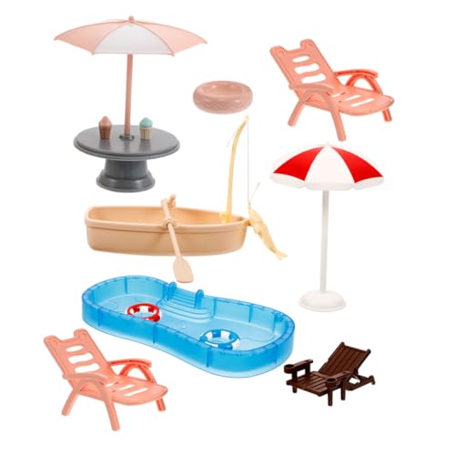 SOPOTUTU Miniatur Dollhouse Schwimmbad aus Langlebigem Kunststoff mit Strandstuhl Sonnenschirm Schwimmring und Boot für DIY Miniatur Strand und Garten Dekoration von SOPOTUTU