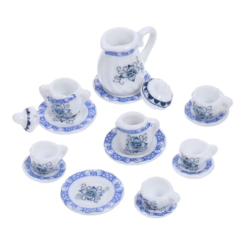 SOPOTUTU Miniatur Keramik Tee Teilig Blau mit Tasse Untertasse Puppenhaus Zubehör Dekorativ Langlebig für Puppenmöbel und Mikrolandschaft Geburtstag Deko von SOPOTUTU