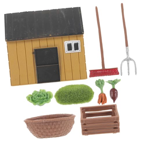 SOPOTUTU Miniatur Modell mit Landwirtschaftlichen Werkzeugen Realistische Miniatur Gemüse Garten Deko Miniaturhaus und Moos für Puppenhaus Sandtisch Szene von SOPOTUTU