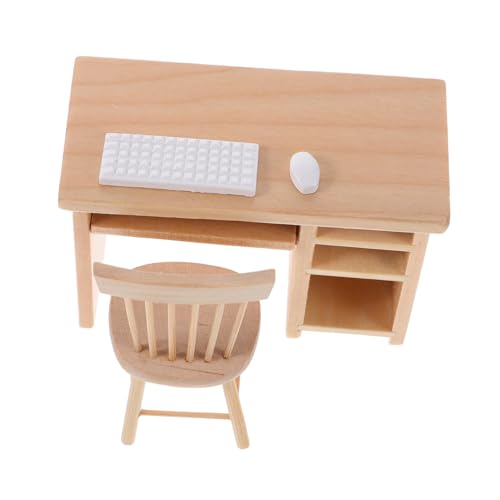 SOPOTUTU Miniatur Puppenhaus Möbel Realistische Mini Büro Tisch und Stuhl mit Maus und Tastatur Langlebiges Holzspielzeug für Kompatibel mit Verschiedenen Puppenhäusern Detailgetreues von SOPOTUTU