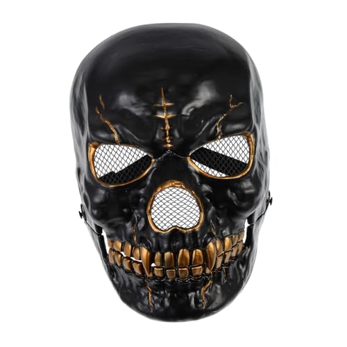 SOPOTUTU Plastik Schädelmaske mit Beweglichem Mund Gruselige Halloween Vollgesichtsmaske für Cosplay Kostüm und Maskenparty Atmungsaktiv und Dekorativ Schwarzes Goldenes Design von SOPOTUTU