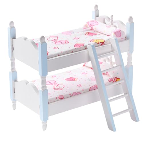SOPOTUTU Puppenhaus Etagenbett Holz Miniatur Möbel Kinderzimmer Zubehör mit Muster Matratze Farbiges Doppelstockbett für Puppenhaus Jungen Mädchen von SOPOTUTU