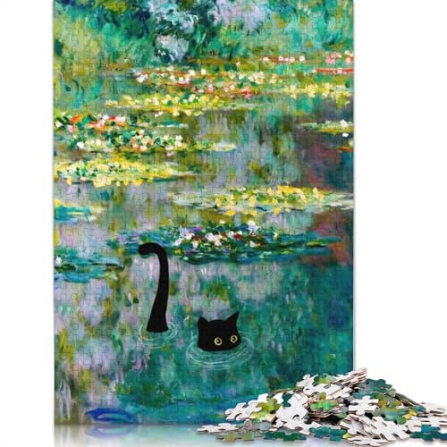 1000-teiliges Puzzle „Katze, Seerosen, Monet“ für Erwachsene, Holzpuzzle, Familienpuzzlespiel, Stressabbau-Puzzle für Erwachsene ab 18 Jahren, 1000 Teile (75 x 50 cm) von SOQWBYG