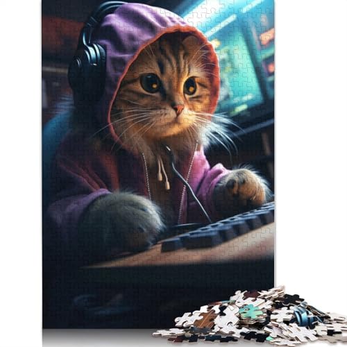 Gamer Cat Puzzles 1000-teiliges Puzzle für Erwachsene, Unmögliches Puzzle, Holzspielzeug, Puzzle, anspruchsvolles Spiel, 1000 Teile (75 x 50 cm) von SOQWBYG