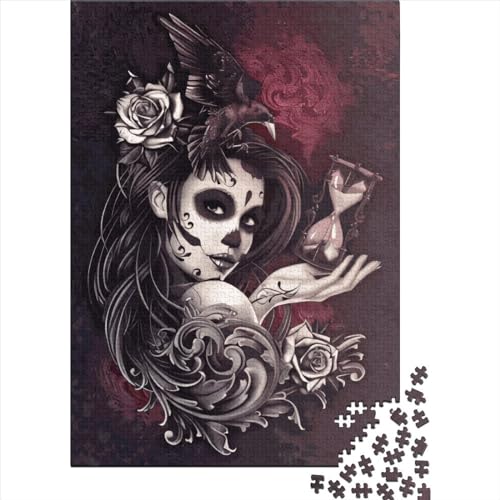 Holzpuzzle 1000 Teile, Totenkopf-Mädchen-Puzzle, Familienspiel, Puzzle, Erwachsene und 1000 Teile (75 x 50 cm) von SOQWBYG