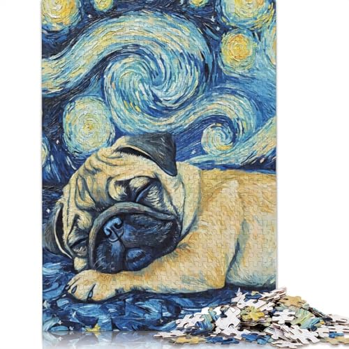 Holzpuzzle 520 Teile, Mopswelpe schläft in der Nacht, Puzzle, Familienspiel, Puzzle, Erwachsene und 520 Teile (52 x 38 cm) von SOQWBYG