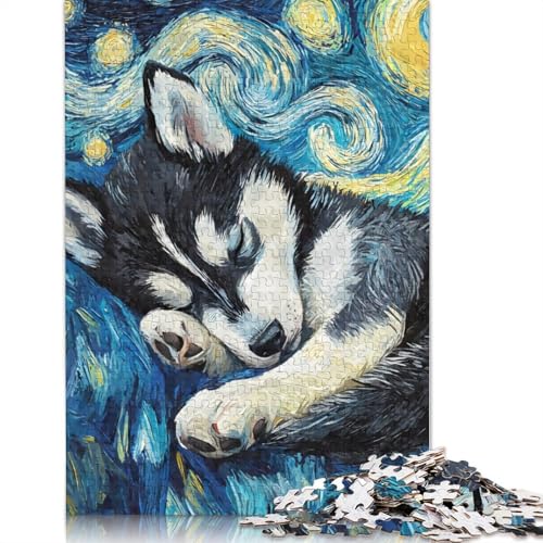 Husky-Welpe, Sternennacht-Puzzle, 1000 Teile, Holzpuzzle, Puzzlespiele für Erwachsene, Lernspielzeug, 1000 Teile (75 x 50 cm) von SOQWBYG