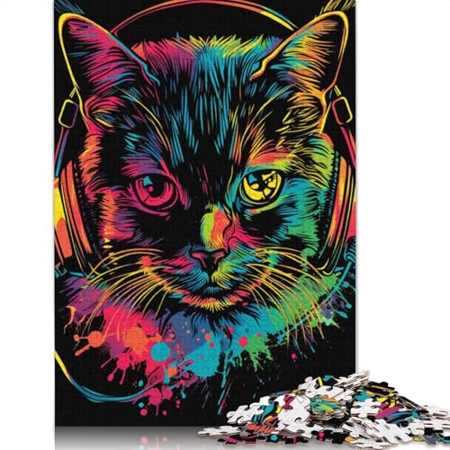 Katze mit Kopfhörern und Sonnenbrille, Puzzle 1000 Teile, Puzzle für Erwachsene, Unmögliches Puzzle, Holzspielzeug, Puzzle, Herausforderndes Spiel, 1000 Teile (75 x 50 cm) von SOQWBYG