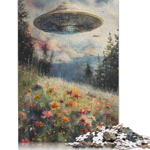 Puzzle für Erwachsene, 1000 Teile, UFO über Blumenfeld, kreatives DIY-Puzzle, Holzpuzzle für ab 18 Jahren und Erwachsene, 1000 Teile (75 x 50 cm) von SOQWBYG