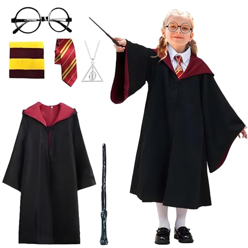 Magier Robe, 6-Teiliges Zauberer Kostüm mit Cape, Magic Wand, Glasses, Scarf, Tie, Flaute, Zauberer Umhang Kostüm Set Magier Uniform Cosplay Kostüm für Jungen Mädchen Karneval Cosplay von SORAYUXI