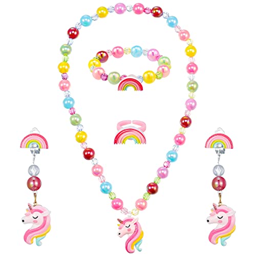 SOSPIRO Kinder Schmuck Set, 5 Stück Mädchen Perlenkette Set Einhorn Halskette Kinder Perlenarmband Regenbogen Ohrringe Ring, Prinzessin Schmuck Set Geschenk Für Kinder Mädchen Party Mitgebsel (Rosa) SOSPIRO Kinder Schmuck Set, 5 Stück Mädchen Perlenkette Set Einhorn Halskette Kinder Perlenarmband Regenbogen Ohrringe Ring, Prinzessin Schmuck Set Geschenk Für Kinder Mädchen Party Mitgebsel (Rosa) von SOSPIRO