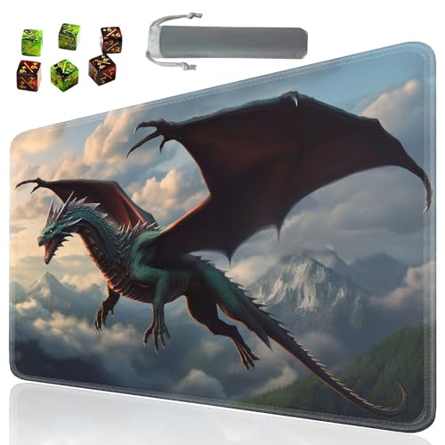 SOTWONSO Brettspiel für TCG Playmat Tischmatten Spiele Größe 60X35cm Mousepad Kompatibel für MTG RPG CCG Sammelkartenspiel Spielmatten mit 6 Würfeln (Playmat 132) Flying Dragon von SOTWONSO