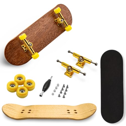 SOUTHBOARDS® Holz Fingerboard Set in Holz/Gold/Gelb - 30mm Deck - Kugellager & hochwertigen Achsen - Finger Skateboard mit Grip Tape - für Anfänger und Fortgeschrittene geeignet von SOUTHBOARDS