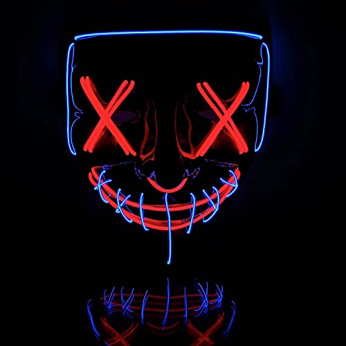 SOUTHSKY LED Maske Schwarzes Masken Horror Vollgesicht, 2 Farben, Neonlicht, leuchtend, PVC Material, für Halloween, Festival, Karneval, Rave, Kostüm, Cosplay (blau + rot) von SOUTHSKY
