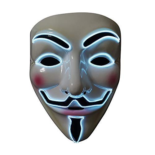 SOUTHSKY LED Maske Leuchtend V wie Vendetta Maske mit Led Licht Anonymous Masken Vollmaske Neon Lichter Blinker EL Draht Glowing 3 Modes Für Halloween Kostüm Cosplay Party(V-Weiß) von SOUTHSKY