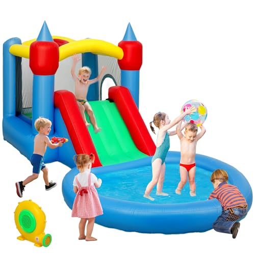 AIYAPLAY Aufblasbare Burg mit Gebläse 4 in 1 Aufblasbare Kinderburg mit Rutsche Ball Pit Korb und Tragetasche für Indoor Outdoor 415x205x190 cm von SPANISH AOSOM
