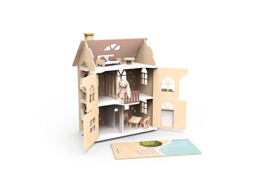 Speedy Monkey Flowers Cottage Starter Set: edles Puppenhaus aus Holz | Schönes mehrfarbiges Spielhaus | FSC-zertifiziert inkl. Möbel, sicheres Tiny House Holzspielzeug für Kinder von SPEEDY MONKEY