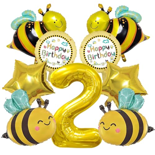 SPERMUOY Biene Geburtstag Deko 2 Jahre, 10 Stück Biene Party Ballon 2 Jahre Biene Folienballons 2 jahre mädchen, Gold Schwarz Nummer 2 Ballon, Kinder Folienballon Geburtstagspart. von SPERMUOY