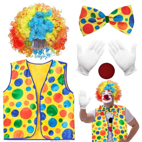 SPERMUOY Clown Kostüm Damen Herren,5 Stück Clown Kostüm Accessoire mit Clown Kostüm Clown Lockenperücke、Clownsnase Bunte Krawatte Handschuhe,Clown Accessoire für Clown Partys Karneval Zubehör von SPERMUOY