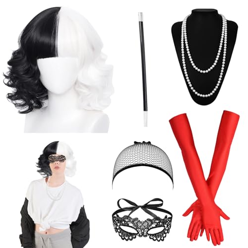 SPERMUOY Cruella Kostüm Damen,Cruella Perücke Halb Schwarz Halb Weiß Perücke Damen Kurz Lockig und Perückenkappe,Perücke schwarz weiß Cruella für Kostümparty Halloween Karneval von SPERMUOY