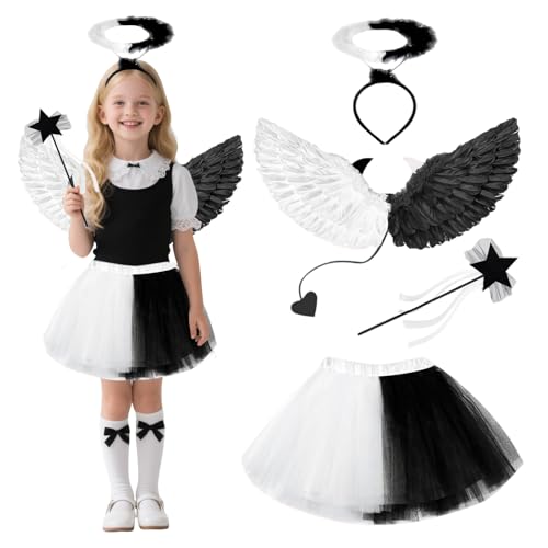 SPERMUOY Engel Kostüm Kinder Mädchen Engel Kostüm Schwarz Weiß mit Engelsflügel、engel haarreif und Engelsrock,engel kostüm Kinder für Halloween und Karneval Party Cosplay von SPERMUOY