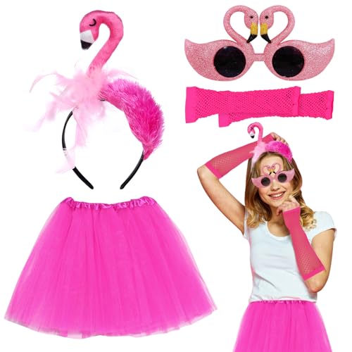 SPERMUOY Flamingo Kostüm Damen - 4 Stück Zubehör Mit Stirnband, Brille, Rosa Tuturock - Accessoire für Party, Karneval, Fasching von SPERMUOY