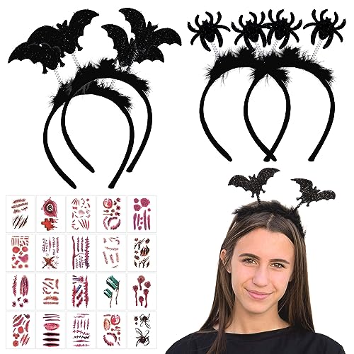 SPERMUOY Fledermaus Haarreifen, 2X Fledermaus Haarreif + Spinnen Haarreif mit Plüsch & Glitzereffekt und 20 Tattoos Aufkleber,Halloween Fledermaus Stirnband für Halloween Cosplay Headwear von SPERMUOY