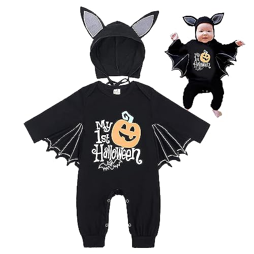 SPERMUOY Halloween Fledermaus Strampler Outfits Set,Unisex Fledermaus Strampler Kleidung Set,Fledermaus Kostüm Kürbis Strampler mit Hut,Halloween Fledermaus Kostüm für Halloween Cosplay Party （90） von SPERMUOY