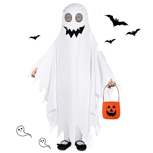 SPERMUOY Geist Kostüm für Kinder Mit Kürbis Eimer, Weiß Gespenst Umhang für Jungen Mädchen Halloween SPERMUOY Geist Kostüm für Kinder Mit Kürbis Eimer, Weiß Gespenst Umhang für Jungen Mädchen Halloween von SPERMUOY