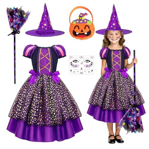 SPERMUOY Halloween Kinder Hexenkostüm mädchen,Halloween kostüm kinder Hexenkleid Mädchen mit Hexenhut,Hexenkostüm Kinder für Halloween Karneval Cosplay Party-110 von SPERMUOY