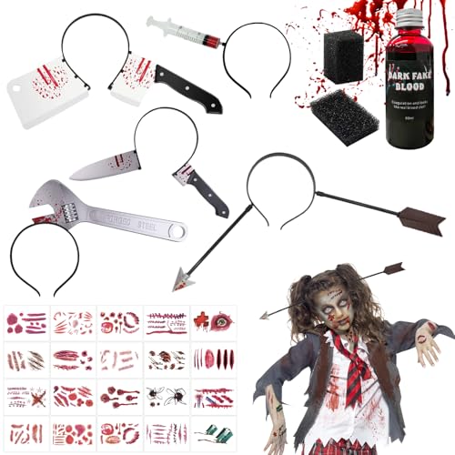 SPERMUOY Halloween Messer Haarreif, 5 Stück Horror Accessoire Mit Axt im Kopf, 20 PCS Tattoos, Blutige Haarreife für Karneval Masquerade von SPERMUOY