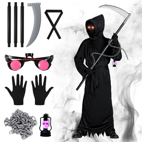 SPERMUOY Halloween kostüm jungen Sensemann,Sensenmann kostüm Kinder Sensenmann Umhang mit Sensenmann Sense SchädeHandschuhe,Halloween Kostüm Kinder Sensenmann für Cosplay Halloween Party-M von SPERMUOY