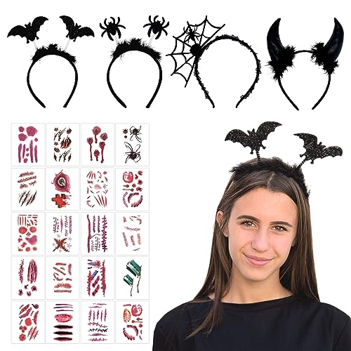 SPERMUOY Fledermaus Haarreif 4 Stück Fledermaus Spinne Teufelshorn Haarreifen mit Plüsch & Glitzereffekt und 20 Tattoos Halloween Kopfschmuck für Dress up Halloween Cosplay von SPERMUOY