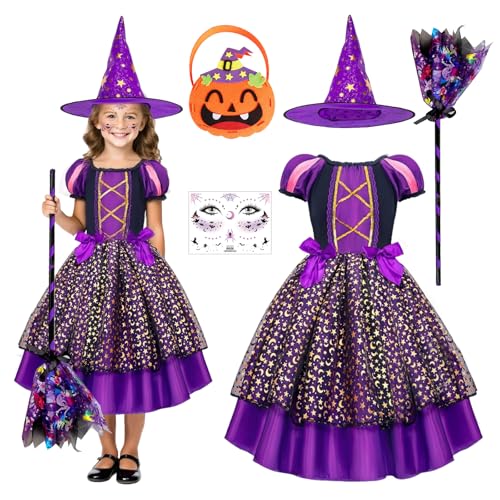 SPERMUOY Hexenkostüm Kinder mädchen,Halloween Hexenkostüm Kinder Mädchen mit Hexenhut,Halloween kinder Hexenkostüm für Hallowee-n Karneval Cosplay Party-120 von SPERMUOY
