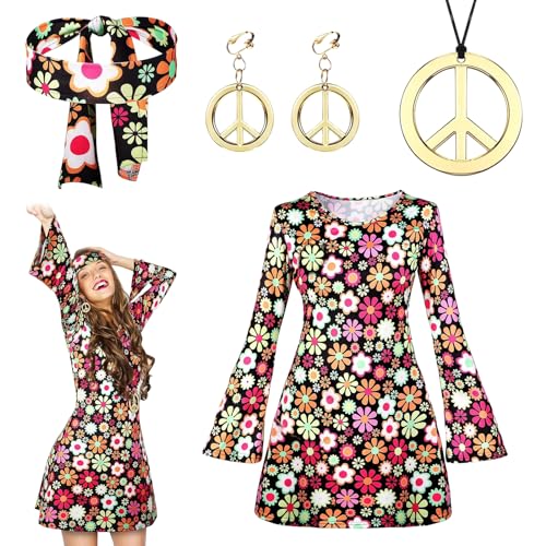 SPERMUOY Hippie Kostüm Damen,60 Er 70er Jahre Hippie Kleid mit Halskette Ohrringe,Hippie Kleid Damen Disco Fever Kleidung Frau Frauen Kostüm Hippie Frau für Karneval Motto Party-L von SPERMUOY