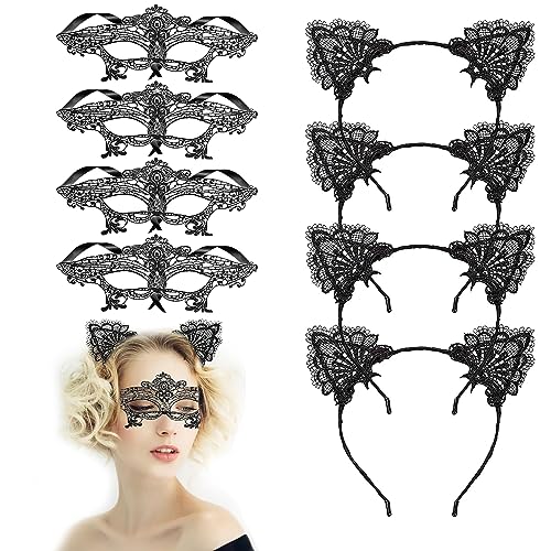 SPERMUOY Catwoman Kostüm Damen Zubehör,8 Pcs Katzenohren Haarreif Spitze Catwoman Maske,SpitzeMaskerade Masken Katzenkostüm Damen Fasching für Karneval Valentinstag Kostüm Cosplay Party von SPERMUOY