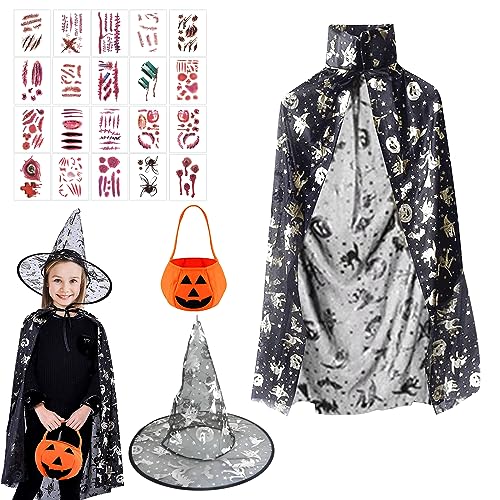 SPERMUOY hexenkostüm Kinder Halloween Umhang mit Hut,Kinder Halloween Witch Umhang mit Kürbis Candy Bag+20 Halloween Tattoo Aufkleber,Zauberer Mantel für Jungen Mädchen Cosplay Party-Schwarz Silber von SPERMUOY