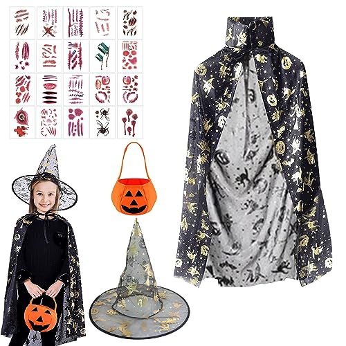 SPERMUOY hexenkostüm kinder Halloween Witch Umhang mit Hut,Kinder Halloween Umhange mit Kürbis Candy Bag+20 Halloween Tattoo Aufkleber,Zauberer Mantel für Jungen Mädchen Cosplay Party-Schwarzes Gold von SPERMUOY