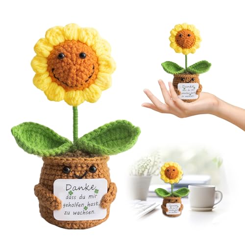 SPERMUOY Pocket Hug Positive Blume,Positive Sonnenblume deutsch,Positive Kreative Strickwolle Blume Positive Kartoffel Mutmacher Geschenk, Gute Besserung Geschen-k, Geschen-k zum Abschluss von SPERMUOY