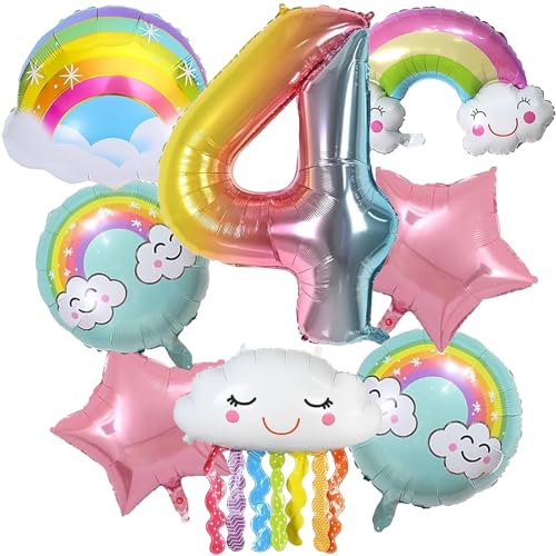 SPERMUOY Regenbogen Geburtstagsdeko Mädchen 4 Jahr,regenbogen deko kindergeburtstag,Regenbogen Wolken Geburtstags Dekoration Luftballons für Mädche von SPERMUOY